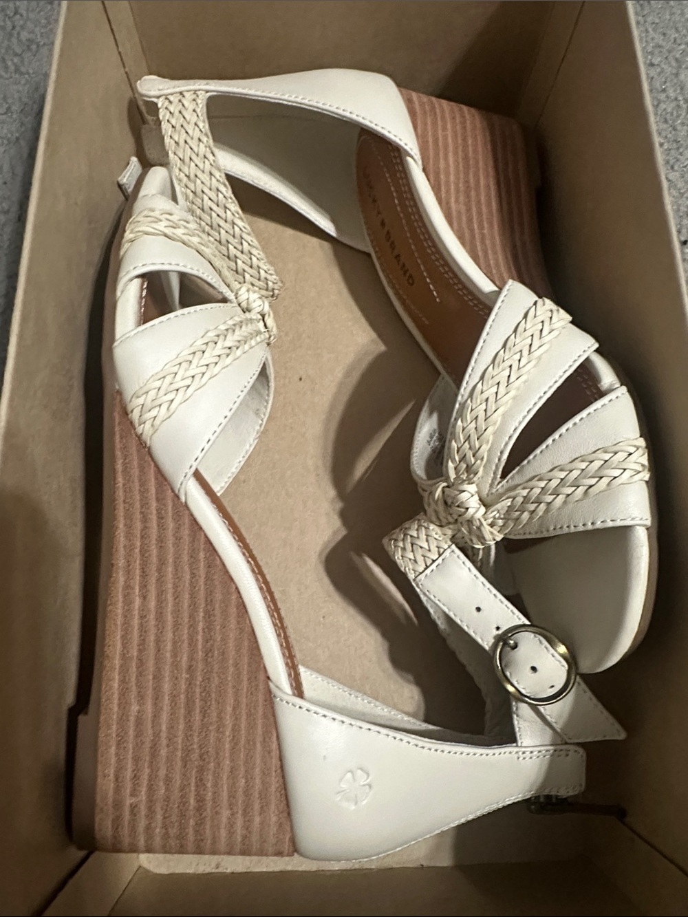 Lucky Brand Cream Braided Strap Wedge Sandals, Never Worn